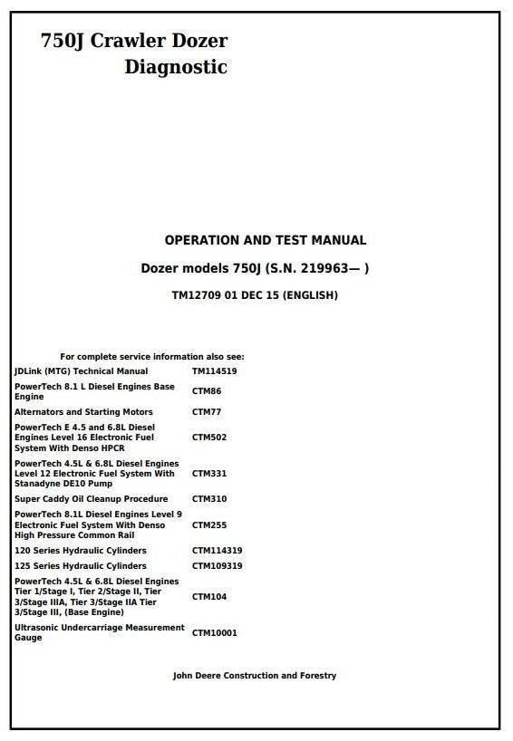 John Deere 750J Crawler Dozer Operation and Test Service Manual TM12709