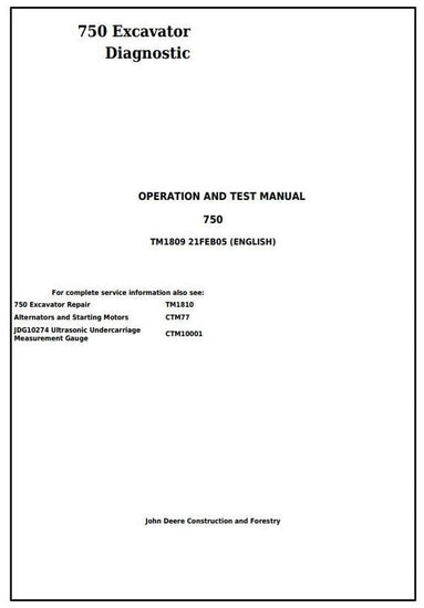  John Deere 750 Excavator Operation and Test Service Manual TM1809