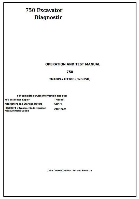 John Deere 750 Excavator Operation and Test Service Manual TM1809