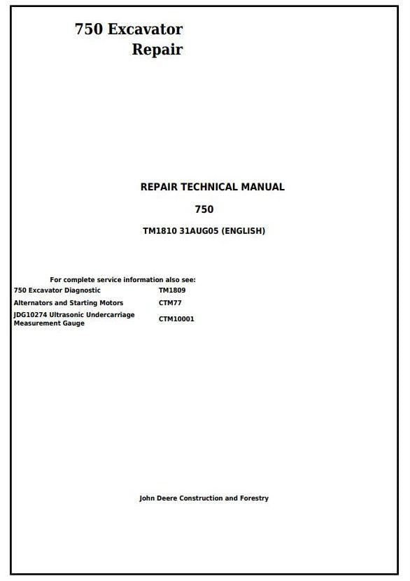 John Deere 750 Excavator Technical Service Repair Manual TM1810