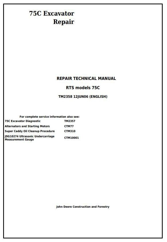 John Deere 75C RTS Excavator Technical Service Repair Manual TM2358