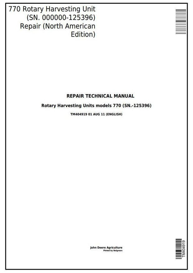 John Deere 770 Rotary Harvesting Unit Technical Service Repair Manual TM404919