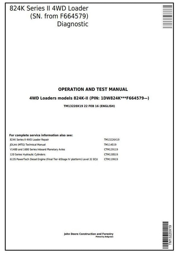 John Deere 824K Series II Wheel Loader Operation & Test Service Manual TM13220X19