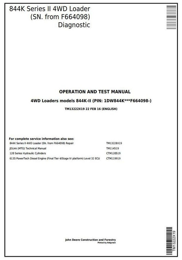 John Deere 844K 4WD Series II Wheel Loader Operation & Test Service Manual TM13222X19