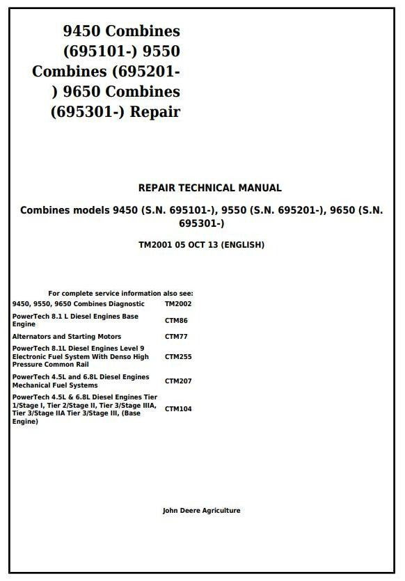 John Deere 9450 9550 Combine Repair Service Technical Manual TM2001