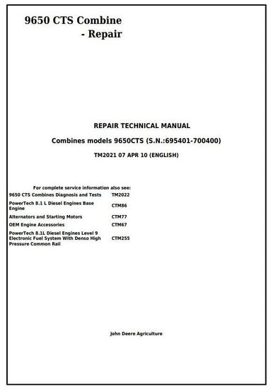  John Deere 9650 CTS Combine Repair Service Technical TM2021