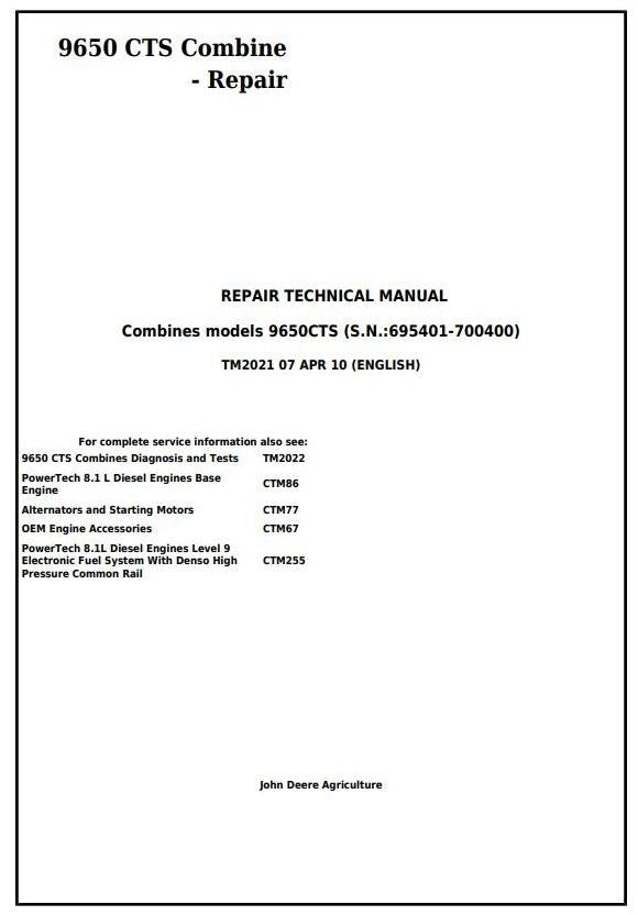 John Deere 9650 CTS Combine Repair Service Technical TM2021