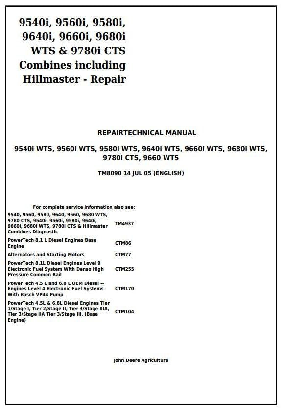 John Deere 9660 9540i 9560i 9580i 9640i 9660i 9680i WTS 9780i CTS Combine Service Repair Technical Manual TM8090