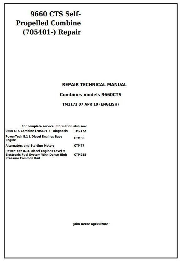John Deere 9660 CTS Combine Repair Service Technical Manual TM2171
