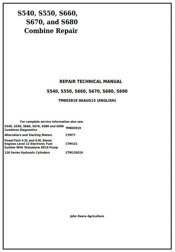 John Deere S540 S550 S660 S670 S680 S690 Combine Repair Service Technical Manual TM803819