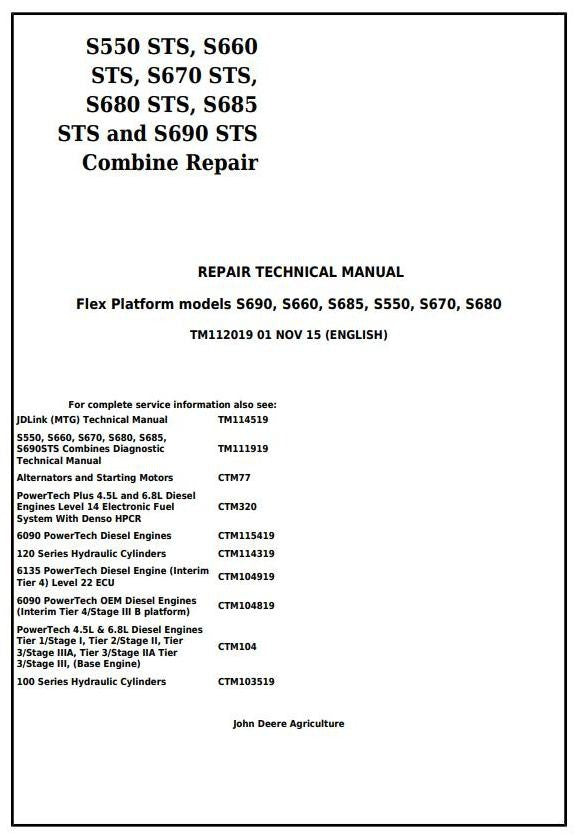 John Deere S550STS S660STS S670STS S680STS S685STS S690STS Combine Service Repair Technical Manual TM112019