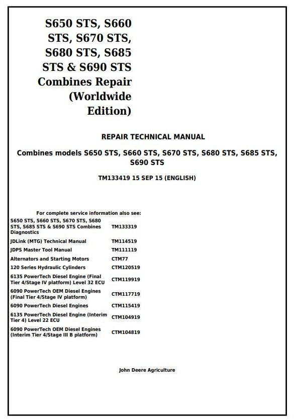 John Deere S650STS S660STS S670STS S680STS S685STS S690STS Combine Repair Service Technical Manual TM133419
