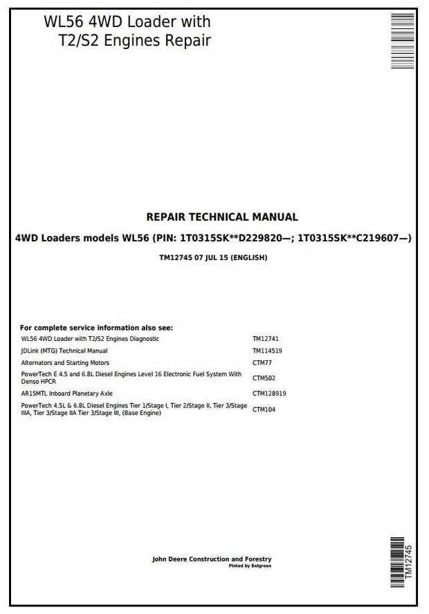 John Deere WL56 4WD Wheel Loader Technical Service Repair Manual TM12745