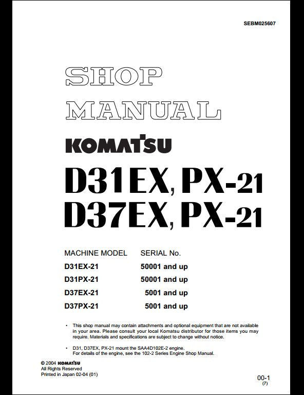 KOMATSU D31EX-21 D31PX-21 D37EX-21 D37PX-21 Bulldozer Service Repair Shop Manual