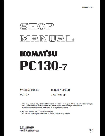 KOMATSU PC130-7 Hydraulic Excavator Service Repair Shop Manual