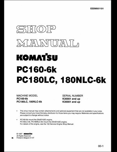 KOMATSU PC160-6k PC180LC PC180NLC-6k Hydraulic Excavator Service Repair Shop Manual