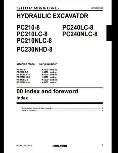 KOMATSU PC210-8 PC210LC-8 PC210NLC-8 PC230NHD-8 PC240LC-8 PC240NLC-8 Hydraulic Excavator Service Repair Shop Manual