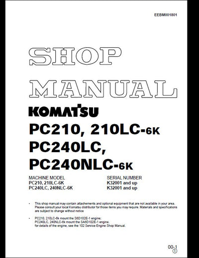 KOMATSU PC210 210LC-6K PC240LC PC240NLC-6K Hydraulic Excavator Service Repair Shop Manual