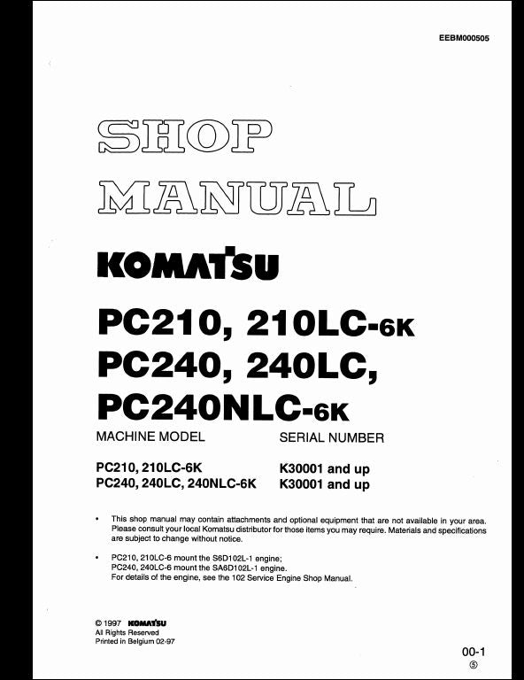 KOMATSU PC210 210LC-6K PC240 240LC PC240NLC-6K Hydraulic Excavator Service Repair Shop Manual