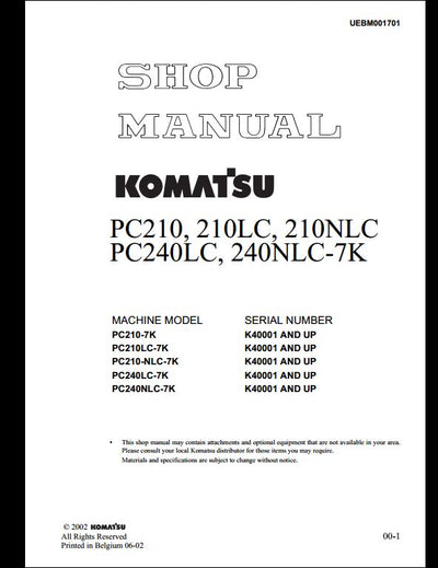 KOMATSU PC210 PC210LC PC210NLC PC240LC PC240NLC-7K Hydraulic Excavator Service Repair Shop Manual
