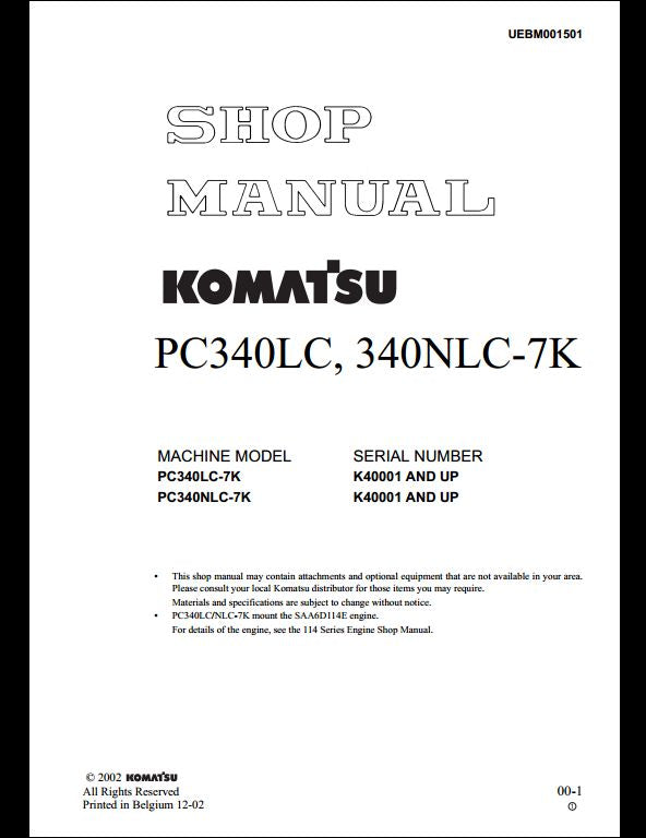 KOMATSU PC340LC-7K PC340NLC-7K Hydraulic Excavator Service Repair Shop Manual