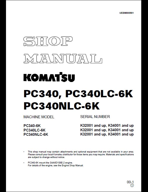 KOMATSU PC340 PC340LC-6K PC340NLC-6K Hydraulic Excavator Service Repair Shop Manual