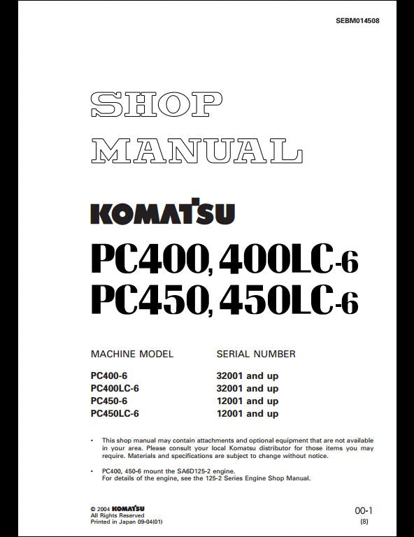 KOMATSU PC400-6 PC400LC-6 PC450-6 PC450LC-6 Hydraulic Excavator Service Repair Shop Manual