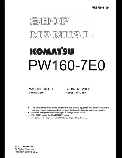 KOMATSU PW160-7E0 Hydraulic Excavator Service Repair Shop Manual