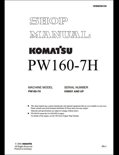 KOMATSU PW160-7H Hydraulic Excavator Service Repair Shop Manual