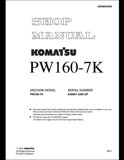 KOMATSU PW160-7K Hydraulic Excavator Service Repair Shop Manual