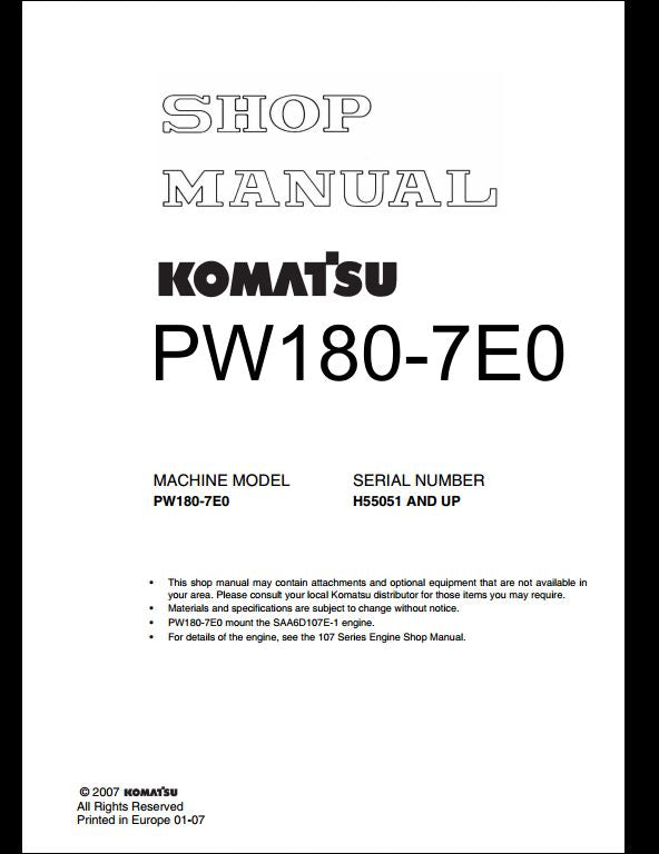 KOMATSU PW180-7E0 Hydraulic Excavator Service Repair Shop Manual