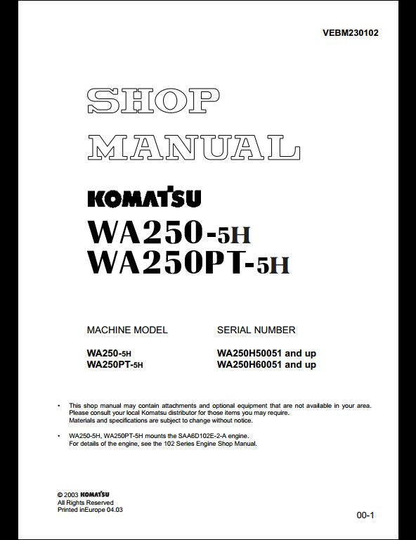 KOMATSU WA250-5H WA250PT-5H Wheel Loader Service Repair Shop Manual