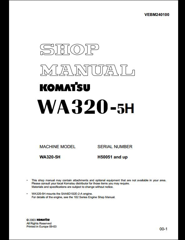 KOMATSU WA320-5H Wheel Loader Service Repair Shop Manual