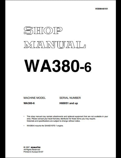 KOMATSU WA380-6 Wheel Loader Service Repair Shop Manual