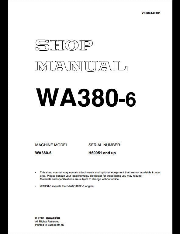 KOMATSU WA380-6 Wheel Loader Service Repair Shop Manual