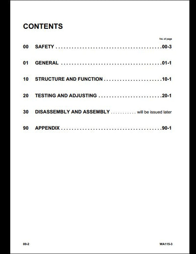 Komatsu WA115-3 Wheel Loader Service Repair Shop Manual