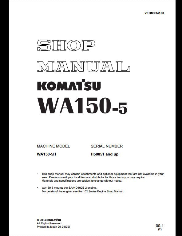 Komatsu WA150-5 Wheel Loader Service Repair Shop Manual