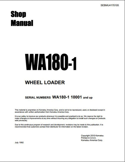 Komatsu WA180-1 Wheel Loader Service Repair Shop Manual