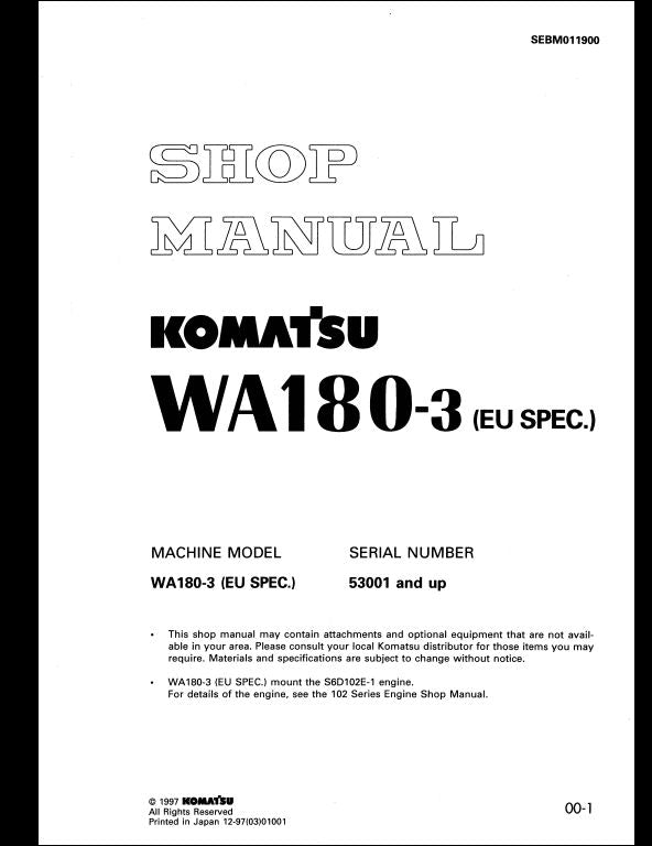 Komatsu WA180-3 Wheel Loader Service Repair Shop Manual