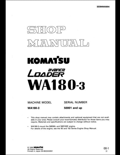 Komatsu WA180-3 Wheel Loader Service Repair Shop Manual