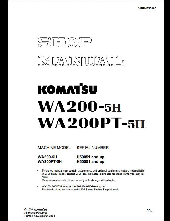 Komatsu WA200-5H WA200PT-5H Wheel Loader Service Repair Shop Manual