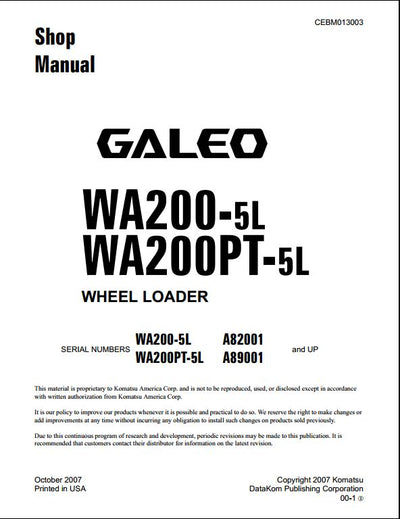 Komatsu WA200-5L WA200PT-5L Wheel Loader Service Repair Shop Manual