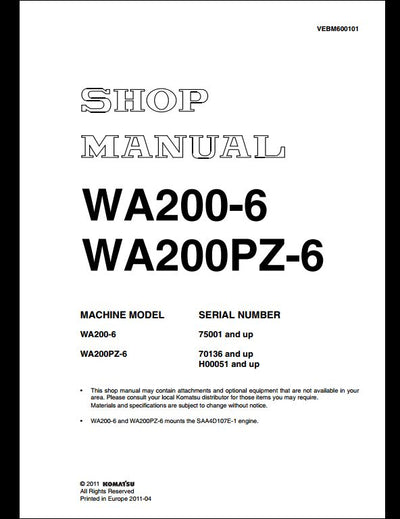 Komatsu WA200-6 WA200PZ-6 Wheel Loader Service Repair Shop Manual