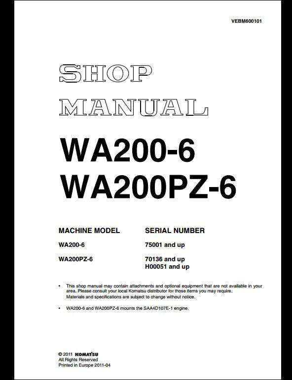 Komatsu WA200-6 WA200PZ-6 Wheel Loader Service Repair Shop Manual