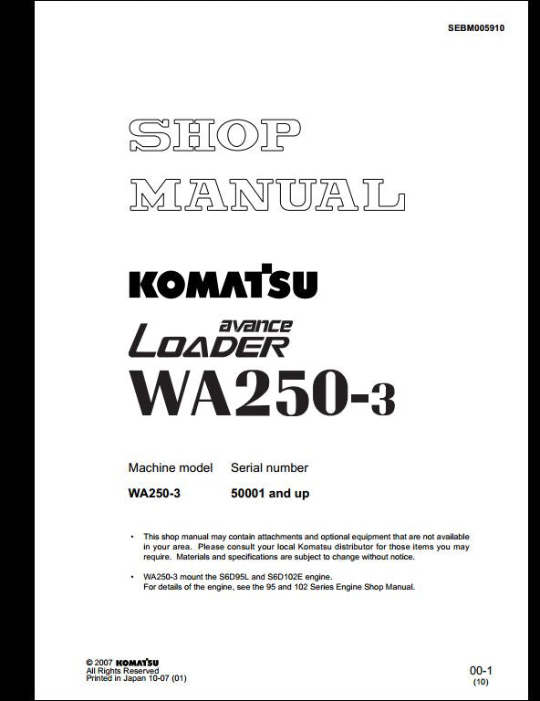 Komatsu WA250-3 Wheel Loader Service Repair Shop Manual