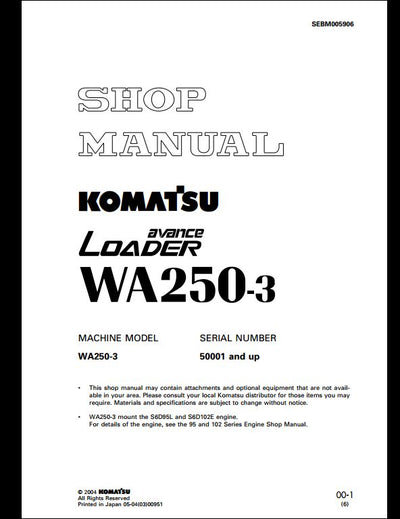 Komatsu WA250-3 Wheel Loader Service Repair Shop Manual