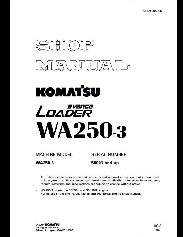 Komatsu WA250-3 Wheel Loader Service Repair Shop Manual
