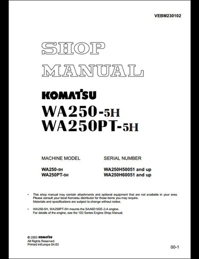 Komatsu WA250-5 WA250PT-5 WA250-5L WA250PT-5L WA250-5H WA250PT-5H Wheel Loader Service Repair Shop Manual