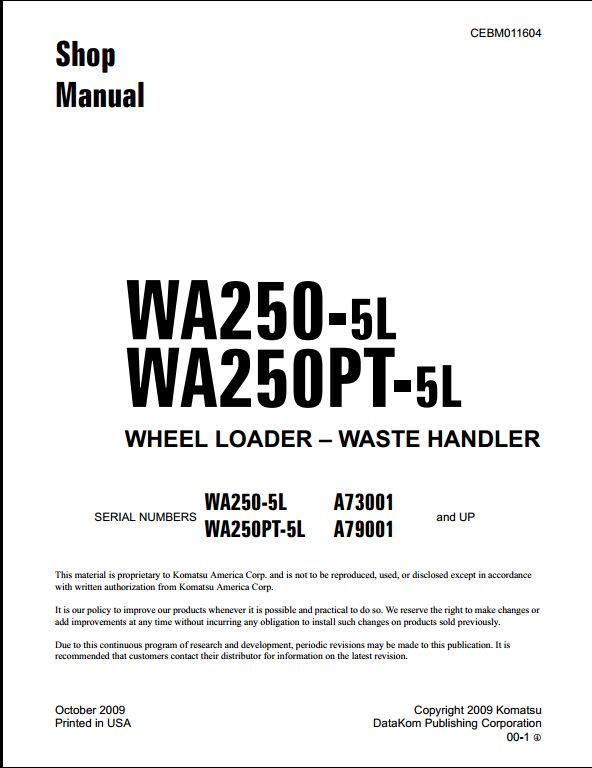 Komatsu WA250-5 WA250PT-5 WA250-5L WA250PT-5L WA250-5H WA250PT-5H Wheel Loader Service Repair Shop Manual