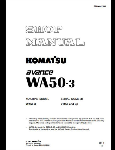 Komatsu WA50-3 Wheel Loader Service Repair Shop Manual